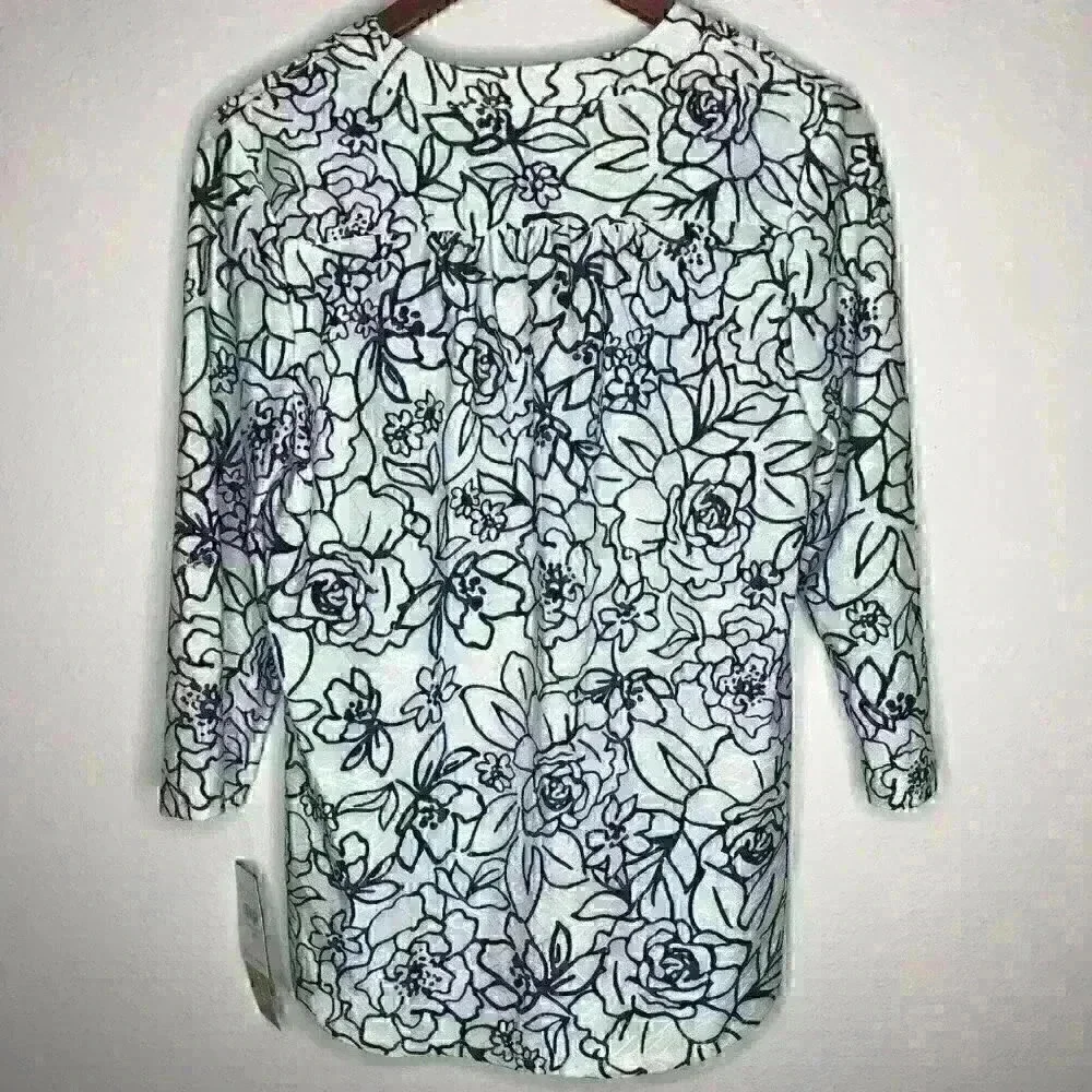 NWT Cathy Daniels Simply‎ Textured Roll Tab Sleeve Print Top Sz S - Picture 9 of 12